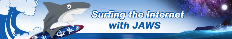 Ein freundlicher Hai reitet die Wellen auf einem Surfbrett. In der Ferne leuchten am Himmel die Sterne und die Milchstraße hinter einer Insel. Das Surfen im Internet mit JAWS eröffnet Ihnen ein Universum an Möglichkeiten!